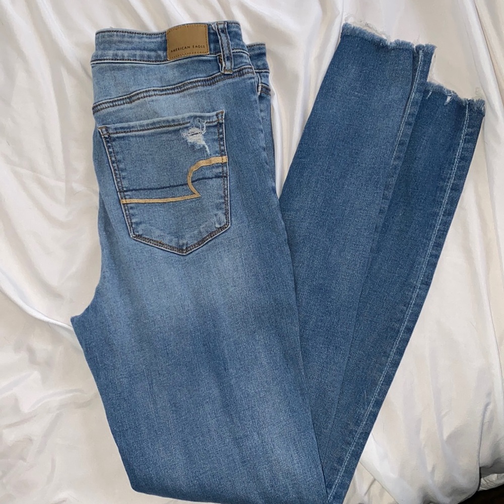 AE, super hot-rise jeggings, medium wash with distressed, 12 XLong